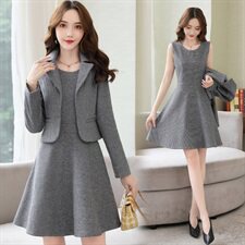 毛呢套装女2023春秋新款时尚职业气质女神范收腰西装连衣裙两件套，女装套装/套裙，香莘料