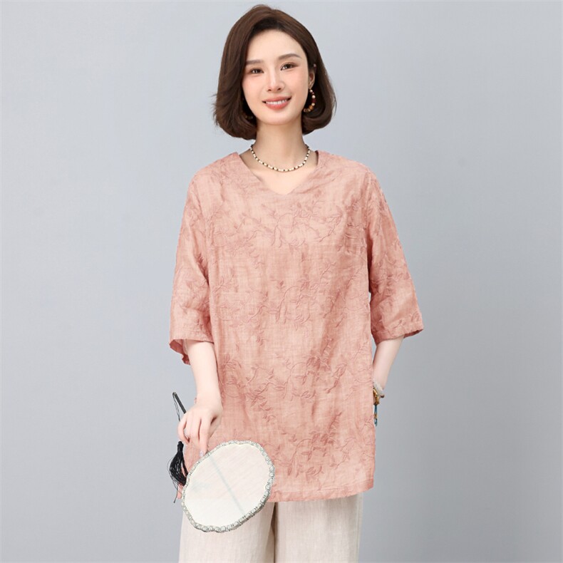 显瘦亚麻中长宽松中年妈妈女装2025新款t恤夏季短袖打底上衣棉麻,女装衬衫,独衣靓