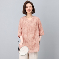 显瘦亚麻中长宽松中年妈妈女装2025新款t恤夏季短袖打底上衣棉麻，女装衬衫，独衣靓