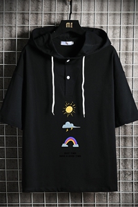 LD54141-P45 连帽短袖t恤男大码胖子带帽五分袖中袖 网格挂拍图片