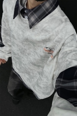 现货WY10095-P58加绒P68扎染撞色拼接格子假两件卫衣，男装卫衣，电商A059