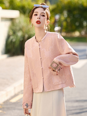 小香风粉色新中式短外套女2026春秋新款复古刺绣宋锦唐装上衣，女装短外套，依如秀(原杭风阁)