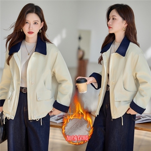 时尚撞色翻领加绒派克服外套女2025秋冬新款宽松显瘦休闲百搭棉服图片
