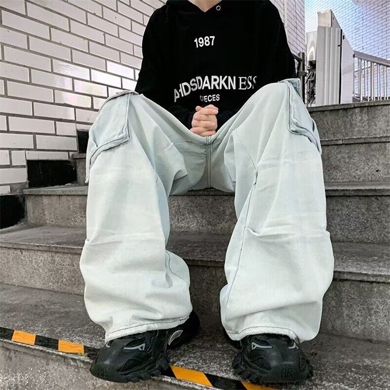 多口袋工装裤男潮牌宽松直筒拖地牛仔裤设计感长裤潮RK2231-P56,男装牛仔裤,星座412-2