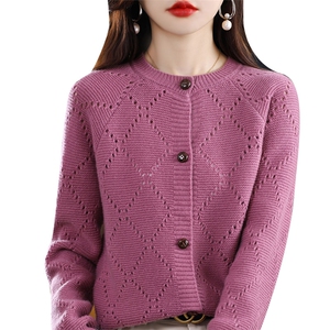 秋冬100%羊毛开衫圆领菱形镂空长袖女宽松慵懒羊绒衫针织外套上衣图片