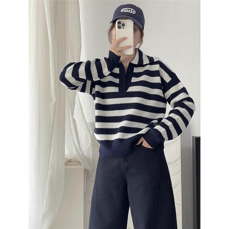 海鸥领海军蓝新贵老钱松弛感条纹毛衣男针织衫CY04,男装针织衫/毛衣,星座208-5