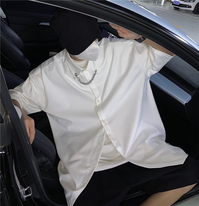 港风大码短袖纯色衬衫青年男生ins宽松情侣衫B299-X5275-P45限65图片