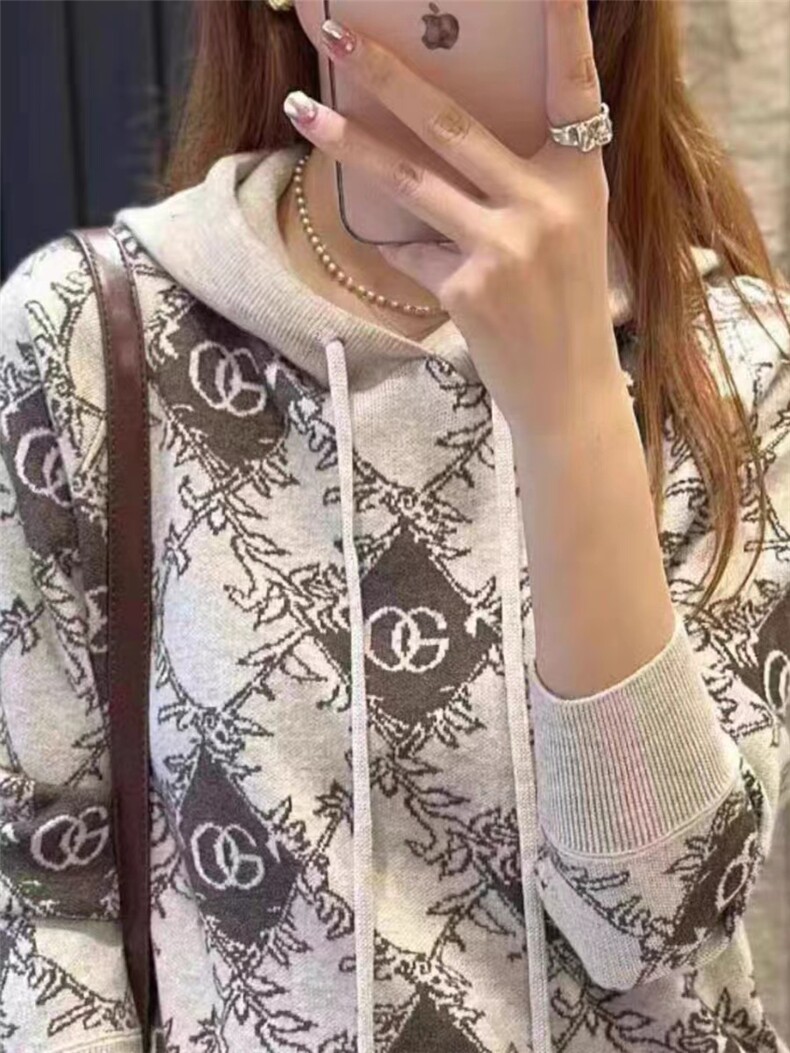 2024秋季新款树叶提花帽衫女时尚百搭宽松上衣,女装羊毛衫,千御纺羊绒