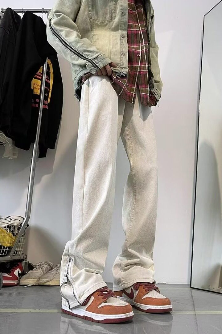现货高街黑色牛仔裤男秋冬美式宽松直筒拉链设计感潮牌港风休闲长,男装牛仔裤,星座218-1（原230）
