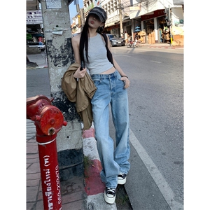 1506-1/K7211/P49显瘦高街裤子高腰窄版直筒微喇裤男女同款图片