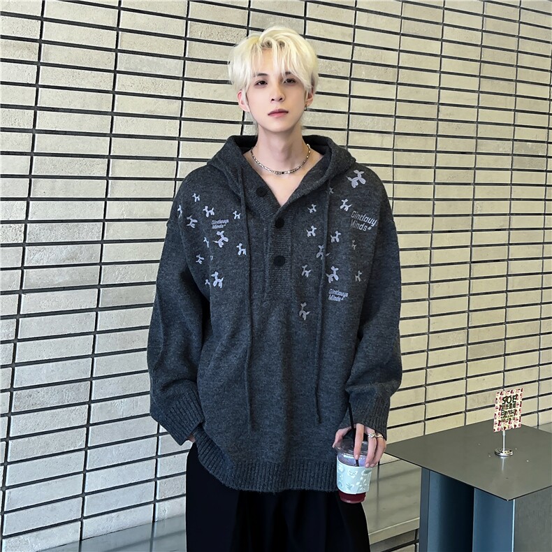 刺绣小狗绣花连帽毛衣抽绳宽松设计感套头针织衫上衣男女2209-P68,男装针织衫/毛衣,电商C307