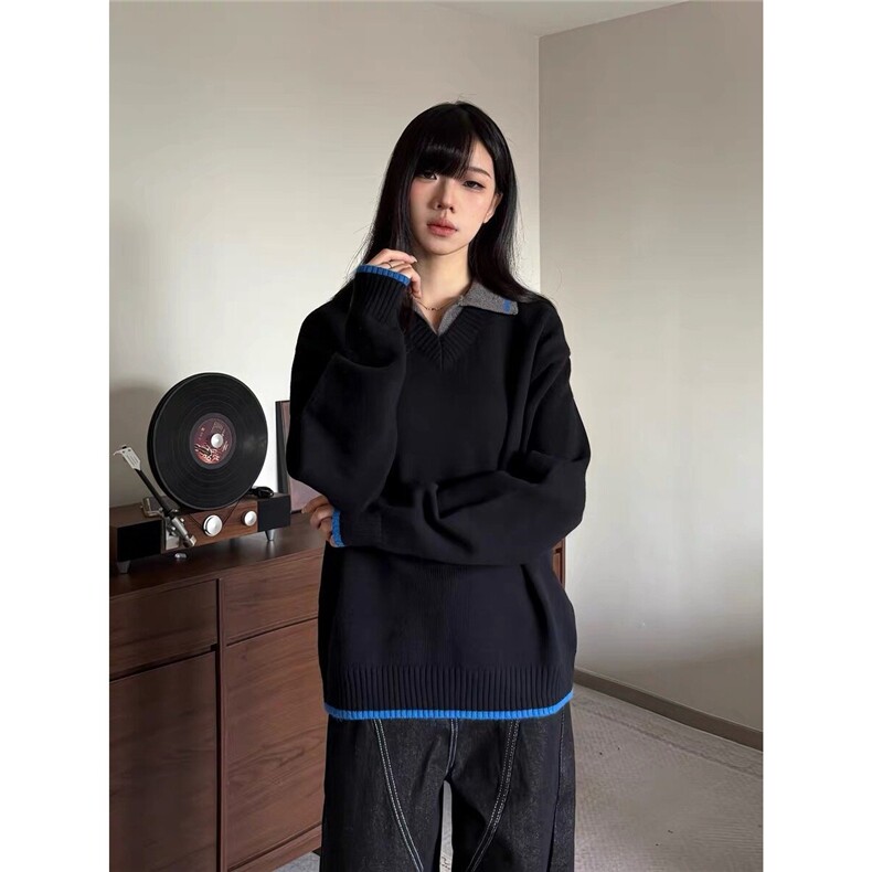 M39-P60美式复古撞色Polo翻领毛衣男女2025春秋冬宽松休闲,男装针织衫/毛衣,电商B323A