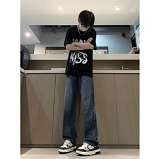 现货24春夏渐变复古蓝黑色宽松直筒阔腿牛仔裤男K5806-P50，男装牛仔裤，星座205
