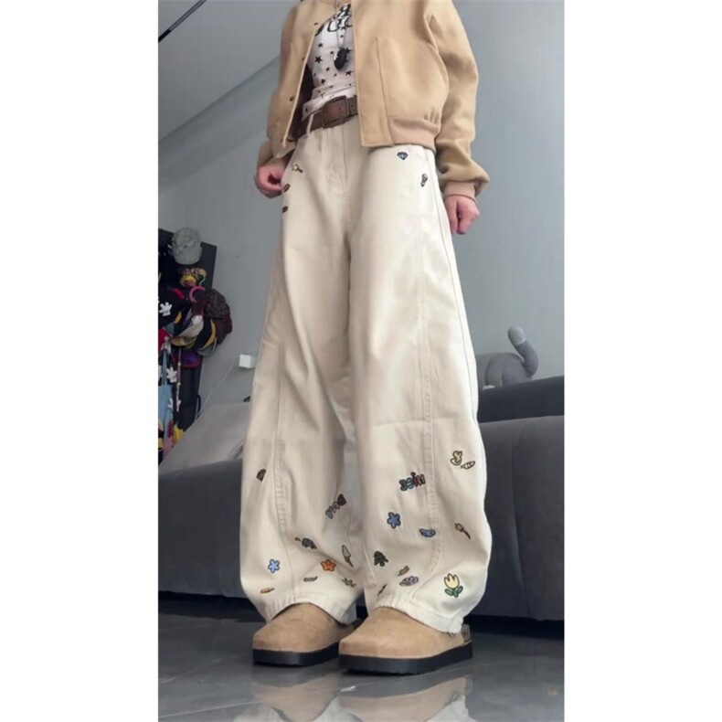 1506/Q6620/P50新款美式卡通刺绣休闲裤裤子情侣宽松阔腿弯刀裤,男装休闲裤,星座1506