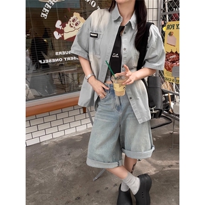 新款水洗复古领带渐变做旧短袖衬衫男女同款宽松衬衣GA154-P55图片