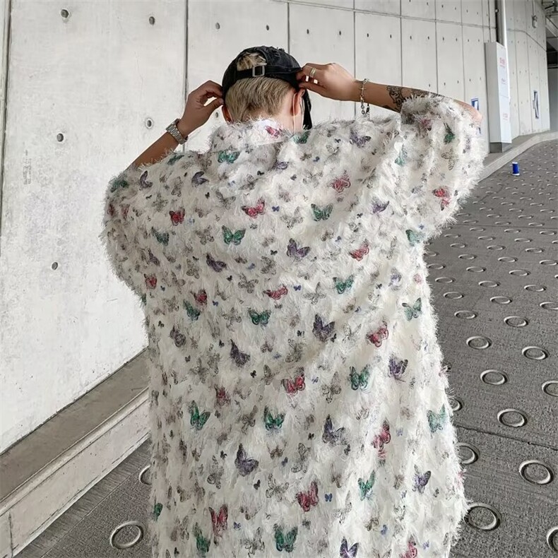 夏季立体流苏蝴蝶半袖衬衫男女痞帅宽松设计衬衣1001-1-CS56-P45,男装T恤,星座1001-1