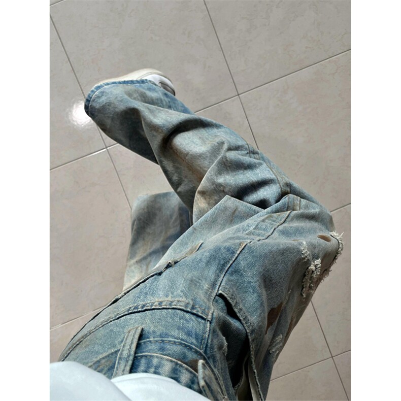 网图有货夏季复古扎染废土风阔腿破洞宽松牛仔裤男女A379-P58，男装牛仔裤，星座1505