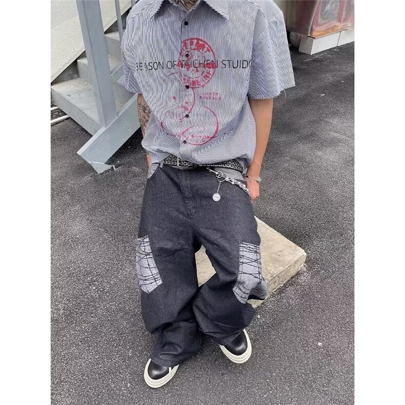 美式街头贴布格纹大口袋设计感小众牛仔裤男女生超火ins宽松裤子,男装牛仔裤,星座302B-2