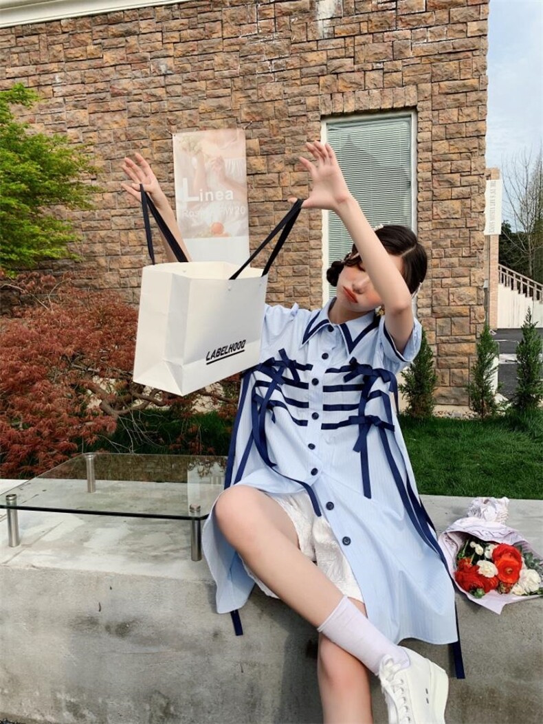 蓝色蝴蝶结衬衣裙，女装，YOUER DENG