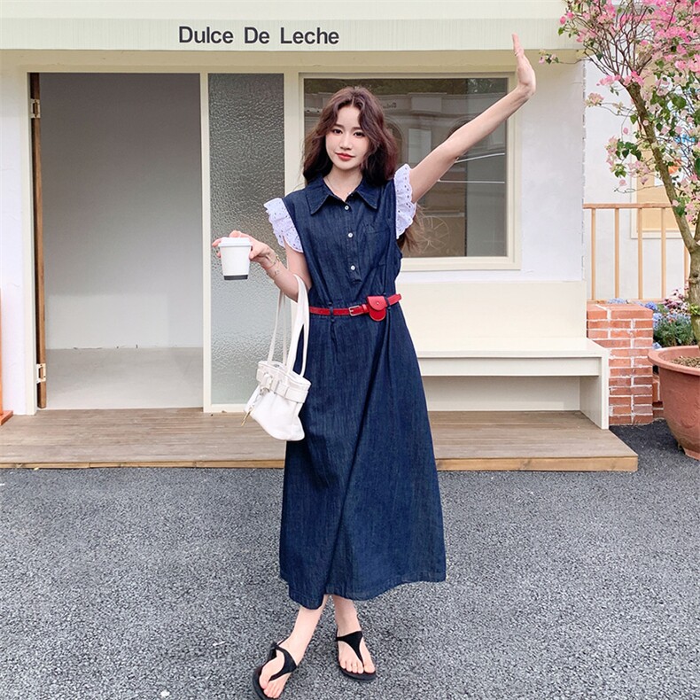 蓝色牛仔翻领连衣裙女2025年夏季新款时尚独特绝美收腰显瘦长裙子，女装连衣裙，慧尚依恋