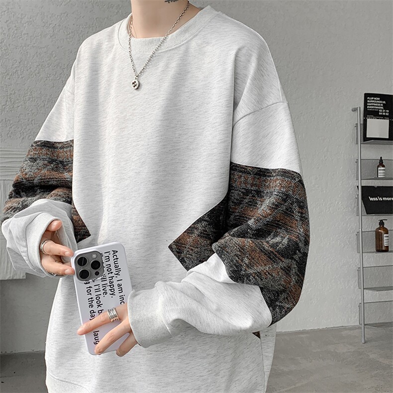 8XL-M 春秋季圆领拼接撞色民族风卫衣男新款潮牌上衣服WY005P58图片