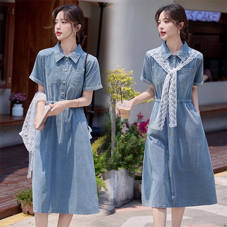 复古蕾丝披肩牛仔连衣裙女2025夏季新款气质减龄中长款连裙子女，女装连衣裙，依路服饰