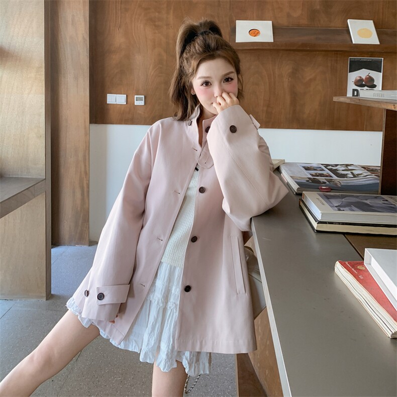 浅粉色韩系甜美小清新风衣外套女2025春秋季新款显瘦格纹拼接上衣,女装风衣,2C372