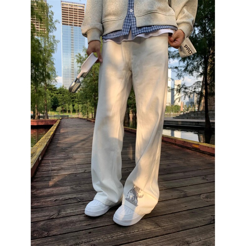 1506/QG9810/P48美式复古刺绣白色微喇牛仔裤男,男装牛仔裤,星座1506
