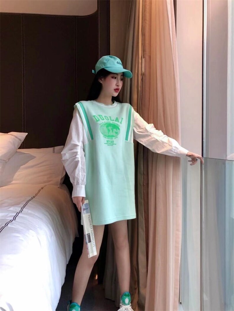 【现货】春装新款假两件拼衬衫修休闲运动针织连衣裙，女装衬衫，多来