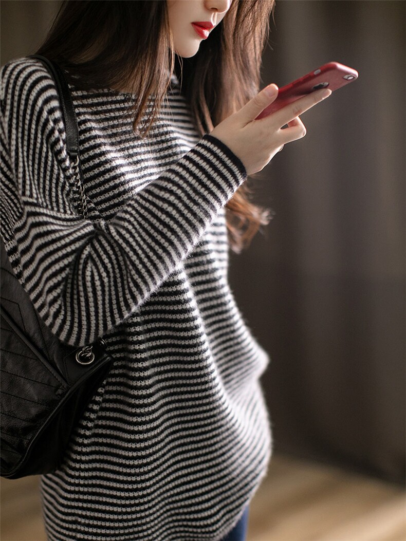 【刘雯同款】黑白条纹羊绒衫女宽松圆领针织衫大毛衣女套头羊毛衫,针织衫/毛衣,恒旺羊绒