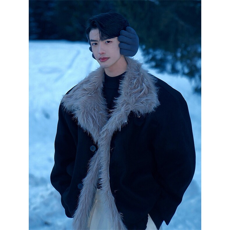 现货重磅硬挺boxy羽绒棉衣座山雕大毛毛领洗水麂皮棉服冬外套，男装棉衣，电商A486-1