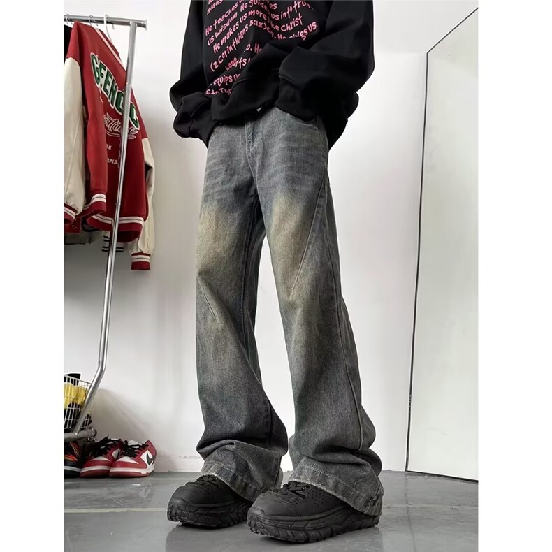 高街微喇叭牛仔裤男秋薄款复古做旧水洗复古宽松长裤子AMF07 P40图片