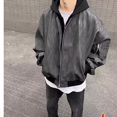 PY307-美式复古连帽宽松休闲短款pu皮纹理夹克外套-网络图，男装夹克，星座1002-2