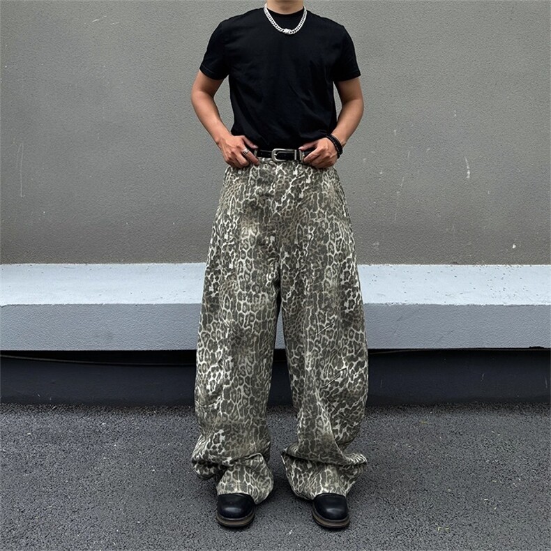 BLACKAT美式高街vibe豹纹弯刀牛仔裤男vintage宽松阔腿休闲长裤潮,男装牛仔裤,星座506A