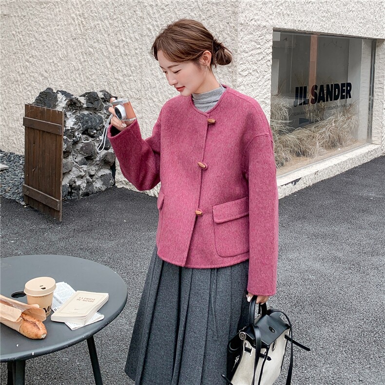牛角扣玫粉色双面呢羊毛短外套女冬季2025新款小个子流行爆款超火,女装毛呢外套,2C261