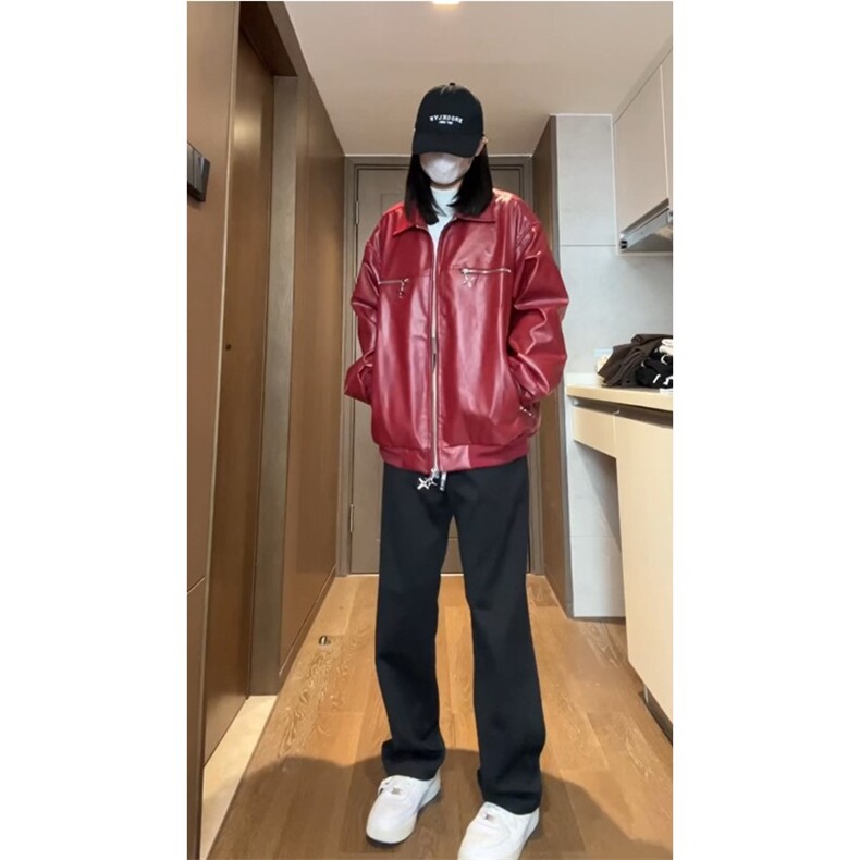女模短视频切片春款PU皮夹克四芒星双开拉链外套1213-DY153-P95,男装夹克,星座1213
