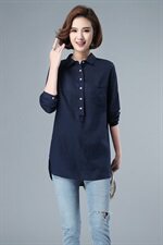 2021年秋季中长款亚麻衬衫女40-49周岁96%及以上POLO领套头上衣，女装衬衫，伊满意