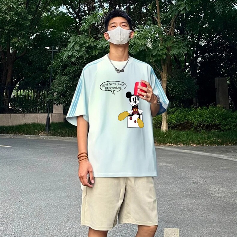 抖音得物品质二开240克宽松纯棉美式潮牌印花三条杠中性风短袖T恤,男装T恤,电商A486-1