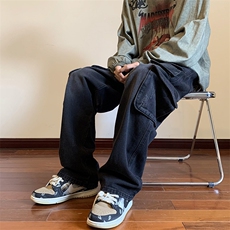 港风复古牛仔裤男潮牌宽松直筒休闲长裤宽松阔腿拖地裤子0241-p53，男装牛仔裤，星座1008-2
