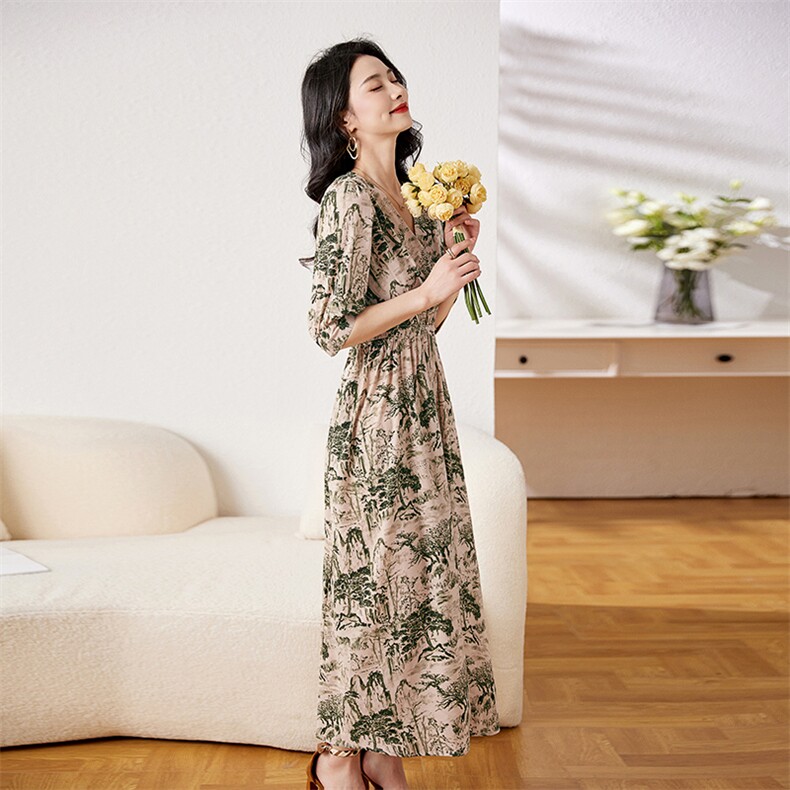 现货！2023新款夏季中长款连衣裙V领半袖裙子雅佳俏522#,女装连衣裙,雅佳俏