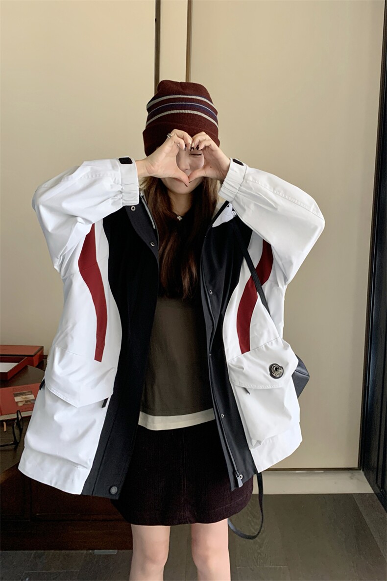 白色连帽冲锋衣外套女秋冬2024新款时尚超好看拼色夹克,女装短外套,帛香坊