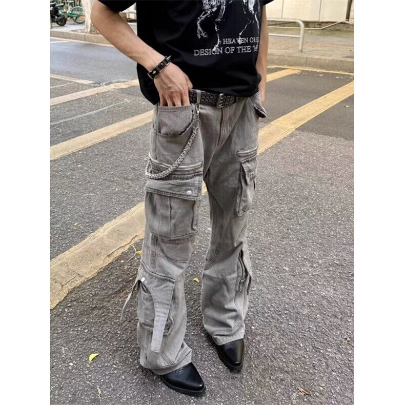炮弹多口袋工装牛仔裤男小众潮牌做旧设计感宽松阔腿裤子NQ37,男装牛仔裤,星座1116A（原606A-3）