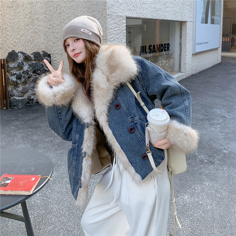浅蓝色毛毛拼接牛仔派克服女2025冬季新款小个子保暖加厚短款棉服,女装棉衣/棉服,2C057