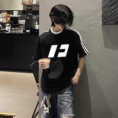 抖音得物高品质二开240克宽松纯棉美式潮牌三条杠织带短袖T恤，男装T恤，电商A486-1