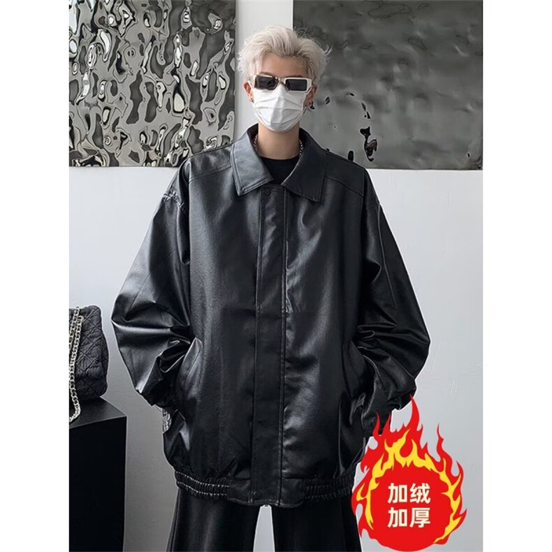 美式复古翻领pu皮衣夹克情侣ins潮牌帅气机车加绒皮衣外套男,男装夹克,星座410-7