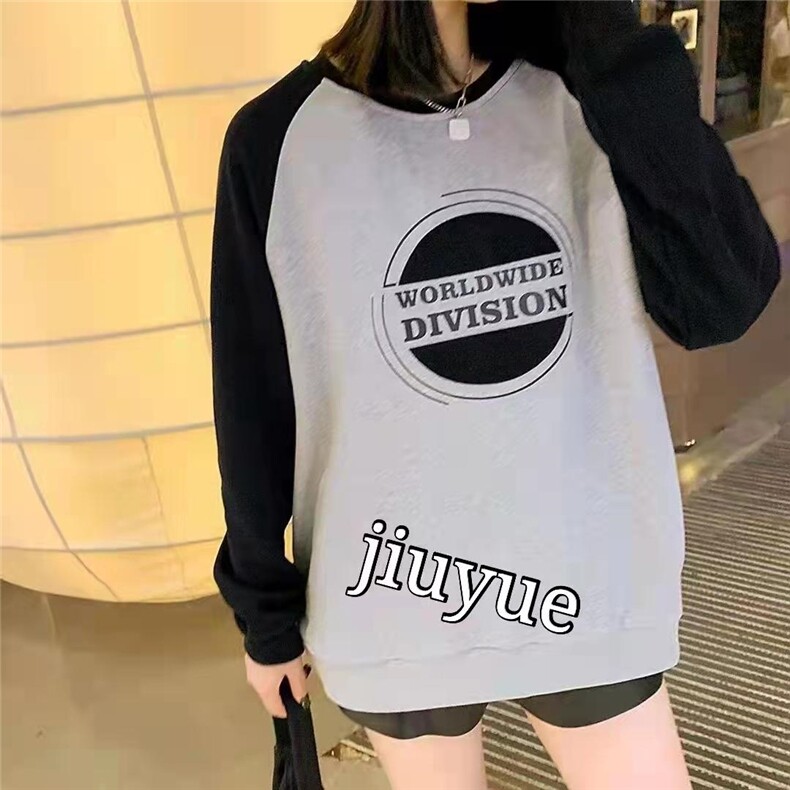 现货秋季新款韩版拼色插肩袖设计圆领卫衣,女装卫衣/绒衫,九月