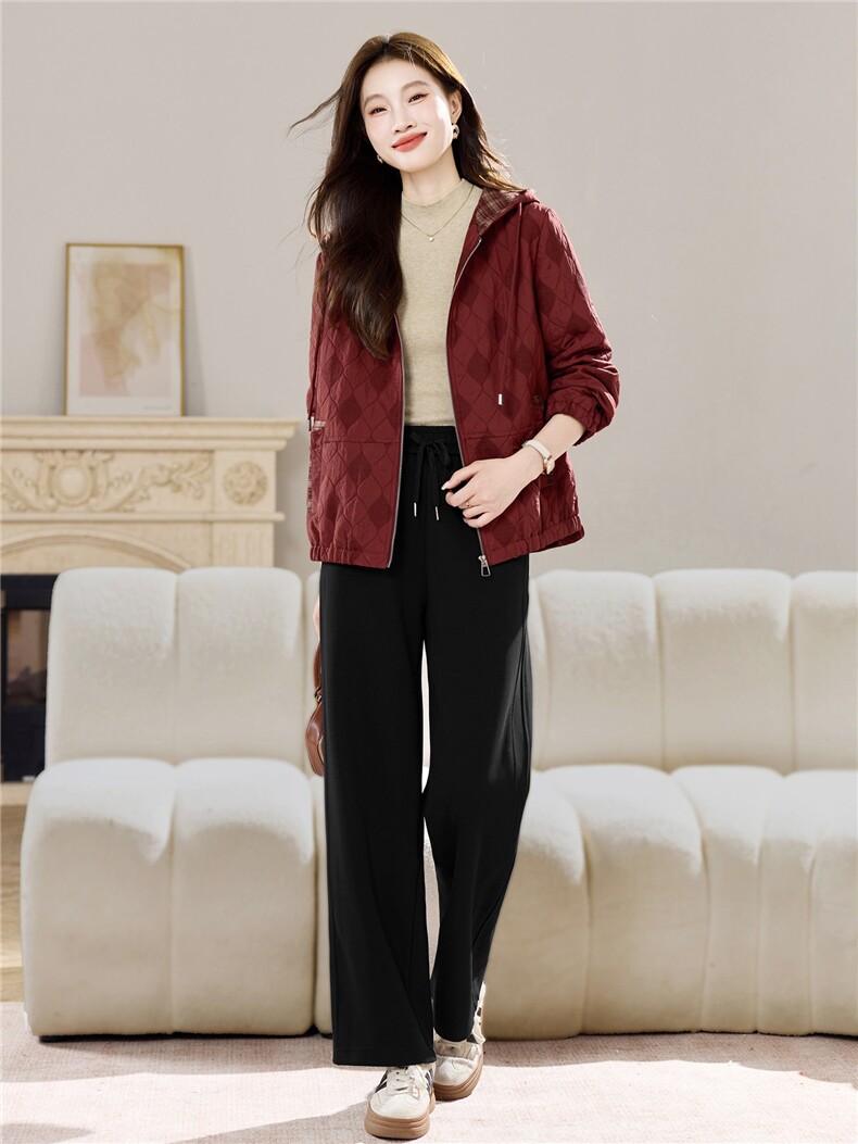 长期现货妈妈春秋早冬夹棉服时尚格子连帽外套短中老年两件套装女,女装套装/套裙,璐依舞