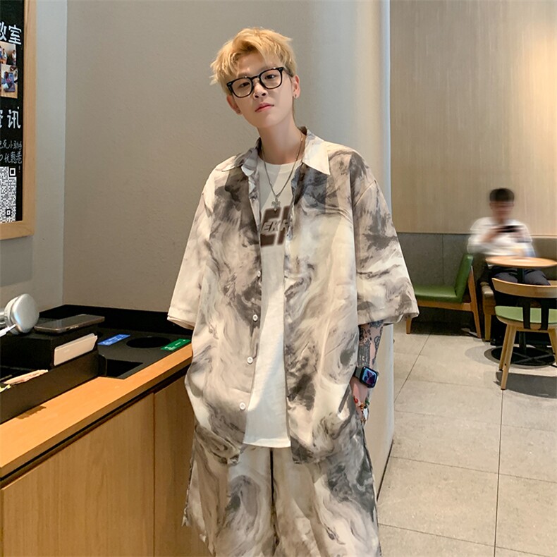 D8880-P65夏威夷衬衫短裤夏季潮流宽松短袖两件套海边青春套装,男装休闲套装,星座603-2