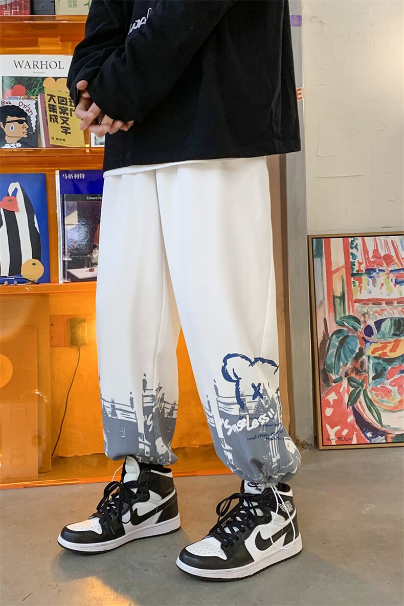 加绒加厚港风冬新款撞色印花抽绳束脚休闲裤2114-2-P55控75,男装休闲裤,星座914-3