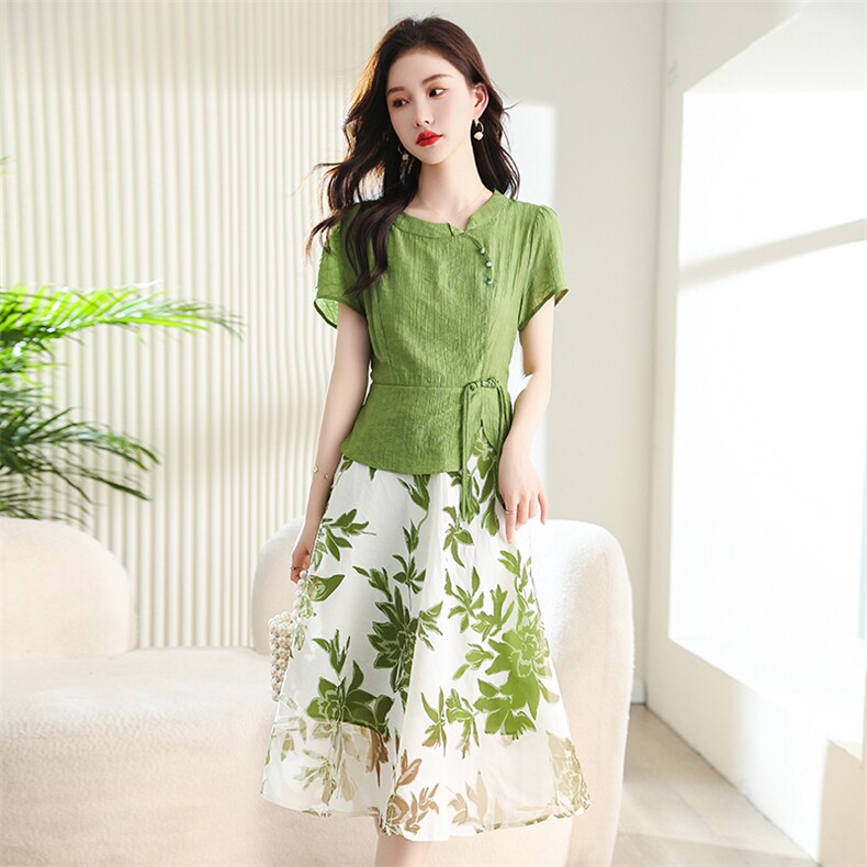 夏季女装新款时尚新颖大气新中式盘扣假两件套连衣裙,女装连衣裙,天丽